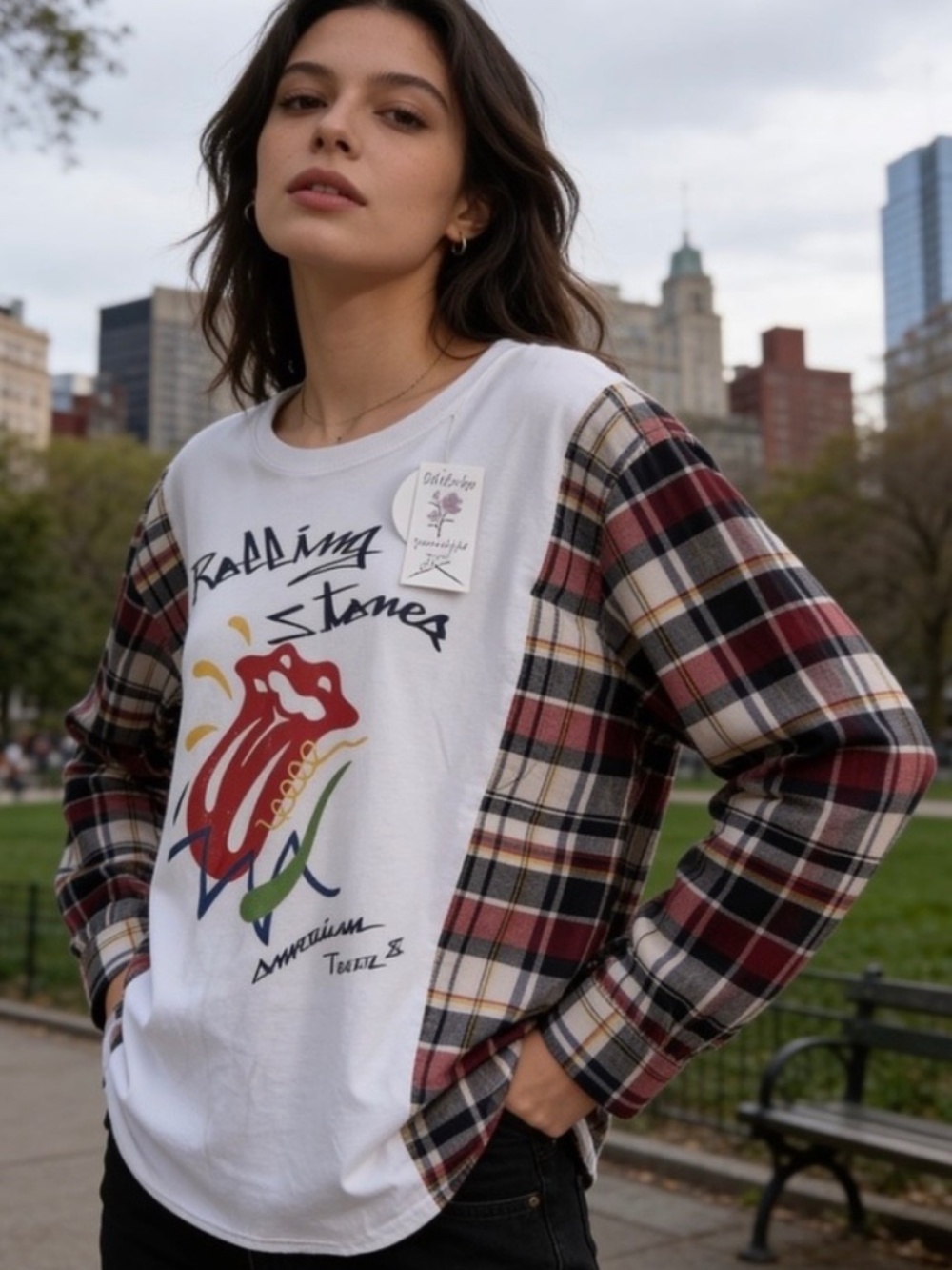 Reimagined Graphic Rolling Stones Shirt Plaid Sleeve Contrast Size XL-XXL